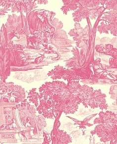 a pink and white wallpaper with an animal scene