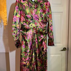 Flora Bea Casual Dress Full Covered Button Front With Collar And Long Sleeve. Gorgeous Print To Wear Day Or Night. Pink Silk Dress With Vibrant Print, Pink Party Dress With Button Closure, Spring Silk Dress With Buttons, Silk Buttoned Dress For Spring, Maroon Fitted Dress, Purple Sweater Dress, Light Green Dress, Floral Maternity Dresses, Navy Shirt Dress