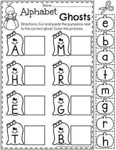 an alphabet worksheet for halloween with ghost and pumpkins on it, including the letter