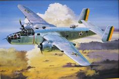 a painting of an airplane flying in the sky with clouds behind it and another plane on the ground below