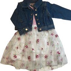 Adorable 2pc Set By Nanette Lepore Girls! Pink Dress With White Floral Skirt. Denim Jacket With Ruffle Details. Size 12mo. Nwt! Dress -Shoulders: 7" -Flat Waist: 9" -Sleeve Length: 1" -Length: 19" Jacket -Shoulders: 8" -Flat Waist: 10" -Sleeve Length: 10.5" -Length: 9.5" 8.24 Casual Long Sleeve Denim Set, Casual Denim Set With Long Sleeves, Fitted Denim Sets For Spring, Spring Denim Fitted Sets, Spring Pink Denim Dress, Pink Dresses For Kids, Floral Tulle Dress, Gold Lace Dresses, Blue Gingham Dress