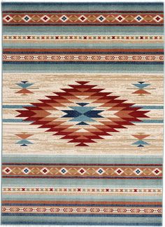 an area rug with native style design on the front and back ends, in various colors