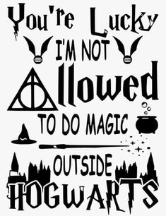 harry potter quote with hogwart's symbols and the words you're lucky i'm not allowed to do magic outside