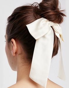 Fabric- Satin Color- White Dimension - Bow - 2.25"W x 7"L (5.7 x17.7cm)Tail - 2.25"W x 9"L (5.7 x22cm) White Hair Scarf, Scarf Bow, Bow Barrette, French Elegance, Boring Hair, Space Nk, Social Butterfly, Hair Scarf, Elastic Hair Ties