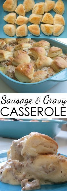 sausage and gravy casserole in a blue dish with biscuits on the side