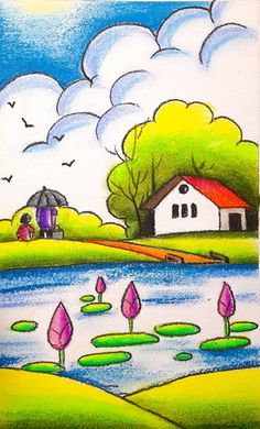 a drawing of a house by the water with trees and flowers in front of it