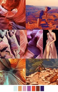 a collage of photos with different colors and shapes in the desert, including red rock formations