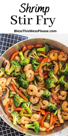 shrimp stir fry in a skillet with broccoli and carrots on the side