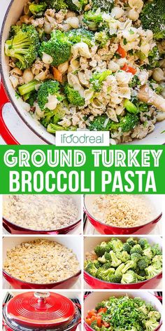 broccoli and chicken casserole in a red pan with the words ground turkey broccoli pasta