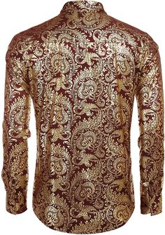 Experience elegant style with our Men's Elegant Paisley Gold Floral Printed Dress Shirts. Made with high-quality material, these shirts feature a sophisticated and unique paisley gold floral print. Perfect for any special occasion or formal event, these shirts will elevate your wardrobe and make a lasting impression. Size Chest Waist XXS 29 - 31 27 - 29 XS 30 - 32 28 - 30 S 34 - 36 30 - 32 M 38 - 40 32 - 33 L 42 - 44 33 - 34 XL 46 - 48 36 - 38 2XL 48 - 50 40 - 42 3XL 50 - 52 44 - 48 Fitted Luxury Gold Shirt, Luxury Long Sleeve Gold Shirt, Gold Fitted Luxury Top, Luxury Fitted Gold Top, Elegant Long Sleeve Shirt With Paisley Print, Classic Gold Shirt For Party, Formal Festive Long Sleeve Tops, Elegant Fitted Gold Shirt, Fitted Gold Floral Print Tops