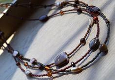 Brown Triple Strand Necklace, Boho, Bohemian, Multistrand Jasper Beads, Strand Necklace, Multi Strand, Boho Necklace, Precious Stones, Seed Beads, Unique Pieces, Leather Bracelet, Beaded Necklace