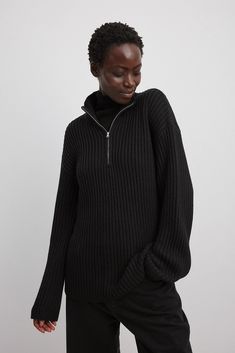 High Neck Zipped Knitted Sweater Black | NA-KD Sweater With Zipper, Pull Over Sweater, Cozy Chic, Polo Neck, Denim Jumpsuit, Na Kd, Knitted Sweater, Black Sweaters, Sweaters & Cardigans