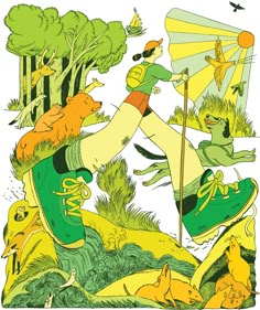 an image of a woman running through the woods with cats and dogs on her feet