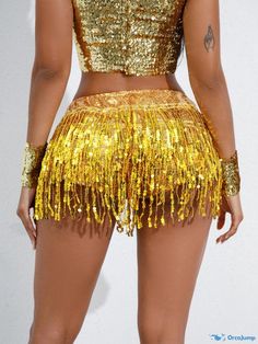 Orcajump - Title: Stage Performance Attire - Sparkling Fringe Skirt and Shorts Set for Latin Dance, Bars, and Dance Performances. Gold Tassel Skirt, Gold High-waisted Shorts For Party, Spring High-waist Fringe Shorts, Sequin Fringe Skirt, High-waisted Denim Shorts With Rhinestone Fringe, Club-wear Fringe Mini Skirt, Glitter Shorts, Glitters Skirt, Latin Dance Costume