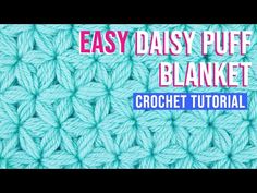 the easy daisy puff blanket crochet pattern is shown in blue and pink colors