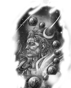 a black and white drawing of a native american man with planets on his face, in the background