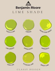 the different shades of lime green paint on a white background with text below it that says,