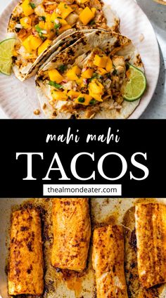 tacos with the title text overlay reads, mahi mahi tacos