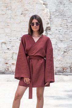 TERRACOTTA SHORT KIMONO | Versatile Linen Kimono - Perfect for Every Season | Lightweight & Stylish Short Kimono Dress, Boho Loungewear, Terracotta Linen, Linen Kimono, Beautiful Kimono, Kimono Maxi Dress, Linen Sundress, Bohemian Kimono, Summer Linen Dresses