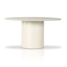 a white table with a round top on a white surface, viewed from the front