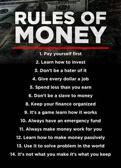 the rules of money poster is shown in black and white, with red writing on it