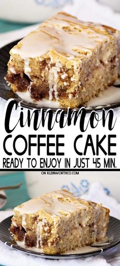 cinnamon coffee cake on a plate with the title overlay above it and below photo