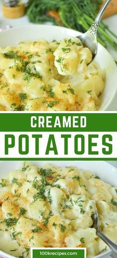 two pictures showing different types of creamed potatoes