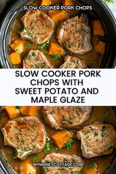 slow cooker pork chops with sweet potato and maple glaze in a crock pot