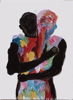 a painting of two people hugging each other with their arms wrapped around one another and holding the other