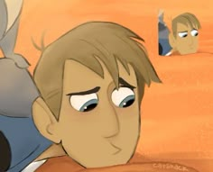 a cartoon boy laying on top of a bed next to another person in the background