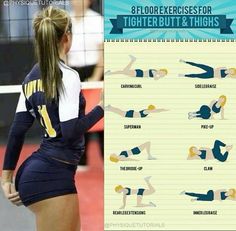 a female volleyball player standing next to a poster with instructions on how to do the splits