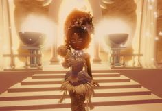 an animated image of a woman in a fancy dress and headdress standing on steps