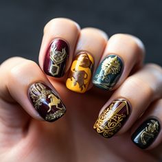 Dive into the magical realm of Harry Potter with these enchanting nail designs inspired by the four Hogwarts houses. Whether you're a brave Gryffindor, a wise Ravenclaw, a loyal Hufflepuff, or an ambitious Slytherin, these Wizarding World nails will add a touch of magic to your style. Gryffindor Nails Harry Potter, Hufflepuff Nails, World Nails, Japan Nails, Iconic Houses, Japan Nail, House Colours