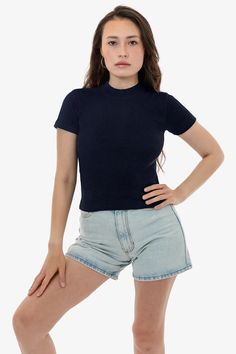 14R309 - 14/1 Rib Mock Neck Top – Los Angeles Apparel Fitted Basic Ribbed T-shirt, Classic Fitted Ribbed T-shirt, Trendy Ribbed Cotton T-shirt, Solid Ribbed Cotton Top, Everyday Blue Ribbed Tops, Fitted Blue Ribbed T-shirt, Basic Ribbed Cotton Tops, Basic Ribbed Cotton T-shirt, Basic Top With Ribbed Neckline