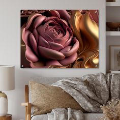 a living room scene with focus on the large pink rose and gold foiled petals