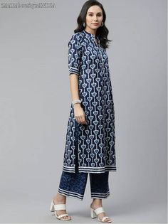 HAND CRAFTED KURTA SET DESCRIPTION *Blue and off-white printed kurta with palazzos and dupatta *Blue and off-white printed straight calf length kurta with gotta patti detail, has a mandarin collar, three-quarter sleeves, straight hem, side slits *Blue printed palazzos, has a partially elasticated waistband with slip-on closure *Blue and off-white printed dupatta *Fabric:- Kurta Fabric: pure Cotton Bottom Fabric: Pure Cotton Dupatta fabric: Poly Chiffon *Wash Care:- Hand-wash AVAILABLE IN 6 SIZES Indigo Printed Cotton Sets, Blue Bandhani Print Sets For Summer, Blue Bandhani Print Summer Sets, Casual Blue Printed Kurta, Summer Blue Bandhani Print Sets, Casual Blue Kurta With Block Print, Casual Blue Block Print Kurta, Blue Cotton Ikat Print Sets, Casual Patterned Printed Kurta