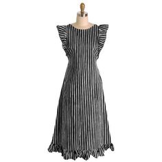 "This fun little iconic Marimekko dress of 100% cotton in bold black and pale green stripes, I believe is the Jokapoika pattern Vuokko designed. This dress( pale green and black) is modeled in the same size and style, ( we also have it at this time)but in black and white, with a green and black inset showing the colors of this dress. Large armholes and butterfly sleeves, a scoop neck, and a button front style. It has a  matching ruffle around the hem, and cool back pockets. Marimekko  Suomi Finland  label. Made in Finland, Vuokko Nurmesniemi was a principal designer for Marimekko and was known for bold color and shape combinations and whimsical looks.  I added a photo of another dress by the same designer, courtesy of Style Bubble Marked Size: 38 Bust: 27\" Waist: 34\" Hips: 40\" Total Len Chic Striped Cotton Maxi Dress, Chic Cotton Dress With Vertical Stripes, Chic Cotton Dresses With Vertical Stripes, Chic Striped Cotton Dress, Vintage Marimekko, Marimekko Dress, Style Bubble, Tent Dress, Black And White Stripes