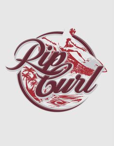 a red and white logo with the word rip curl in it's center, surrounded by palm trees