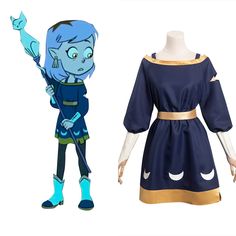 the legend of zeria cosplay costume for adults and children, including a blue dress