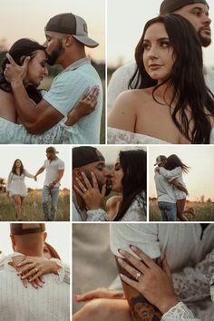 a collage of photos showing a man and woman embracing each other in an open field