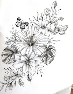 a drawing of flowers and butterflies on paper