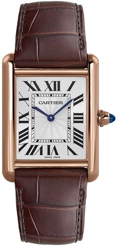 Model # WGTA0011 | CRWGTA0011 CARTIER TANK LOUIS LARGE ROSE GOLD WOMEN'S LUXURY WATCH FOR SALE Store Display Model (What's This?) - With Manufacturer Serial Numbers - Swiss Made - Beaded Silver Dial - Roman Numeral Hour Markers - Sword Shaped Blued-Steel Hands - Beaded Crown Set with a Sapphire Cabochon - Manual Winding Movement - Cartier Caliber 8971 MC - 3 Year Warranty - Guaranteed Authentic - Certificate of Authenticity - Manufacturer Box & Manual - Polished Solid 18k Rose Gold Case - Brown Leather Strap with Pattern - Scratch Resistant Sapphire Crystal - 30 Meters / 100 Feet Water-Resistant - 33.7mm x 25.5mm = 1 1/3" x 1" Case, 6" Adjustable Strap - Case Thickness: 6.6mm - Fixed Bezel -18k Rose Gold Ardillon Tang Buckle Cartier Tank Louis, Cartier Calibre, Beaded Crown, Sapphire Cabochon, Watches Women Leather, Cartier Tank, Womens Watches Luxury, Rose Gold Case, Sale Store