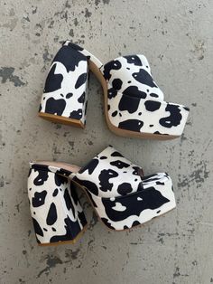 Cool Sandals, Purple Details, Platform Mules, White Cow, Custom Made Clothing, Purple Mini Dresses, Backless Mini Dress, Cow Pattern, Mule Sandals