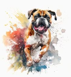 a brown and white dog running with its mouth open in front of watercolor splashes