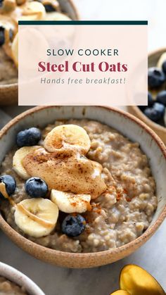 bowl of steel cut oats with bananas and blueberries