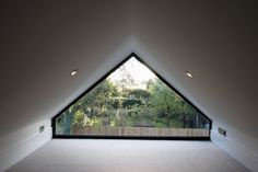 an empty room with a very large window in it's center and lots of plants on the other side