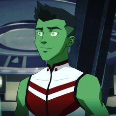 an animated man with green eyes and a red vest on, standing in front of a spaceship