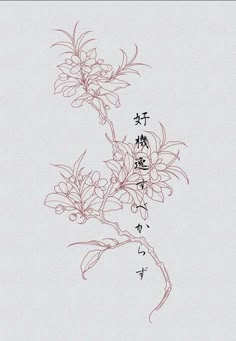 an ink drawing of flowers with chinese characters on the back and bottom part of it