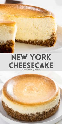 a cheesecake on a white plate with the words new york cheesecake above it