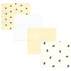 four bees and honeycombs are lined up on top of each other in white paper